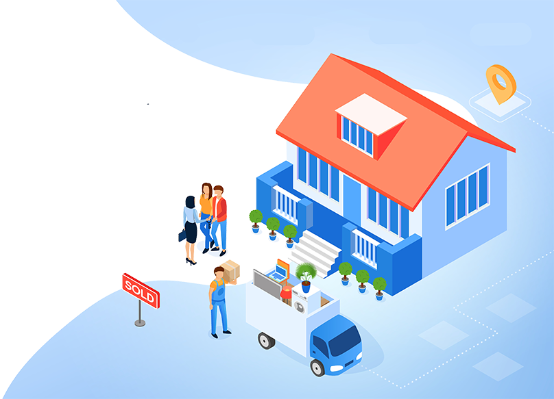 Vector illustration of a blue home that just been sold and a family moving in